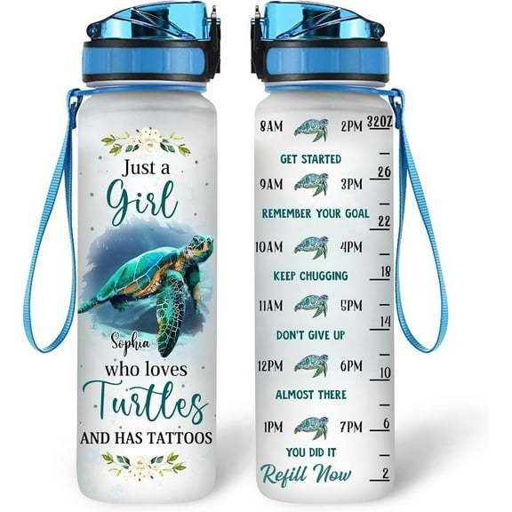 Personalized Just A Girl Who Love Turtle 32oz 1Liter Motivational Water Bottle, Customized Name Tracker Water Bottle With Time Marker Gifts For Women, Gifts For Turtle Lovers On Birthday