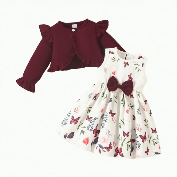 HCNTES Toddler Girls Dress With Cardigan Set Little Girl Floral Sleeveless Dress Ruffle Coat Baby Long Sleeve Outfit(Wine&4,12-18 Months)