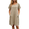 thumbnail image 2 of Summer Casual A-Line Flowy Midi Dresses Women's Fashion Solid Color Loose Round Neck With Pockets Short Sleeve Dress Khaki M, 2 of 9