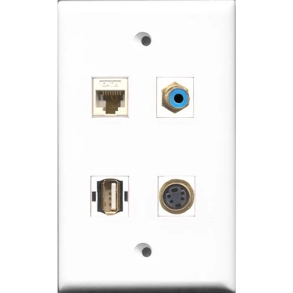 RiteAV 1 Port RCA Blue and 1 Port USB A-A and 1 Port S-Video and 1 Port Cat6 Ethernet White Wall Plate