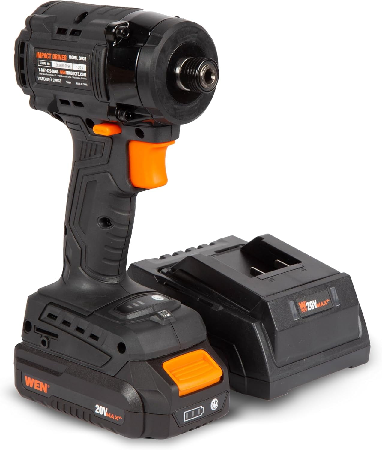 WEN 20V Max 1/4-Inch Brushless Cordless Compact 3-Speed Impact Driver with 2.0 Ah Lithium-Ion Battery and Charger (20136)