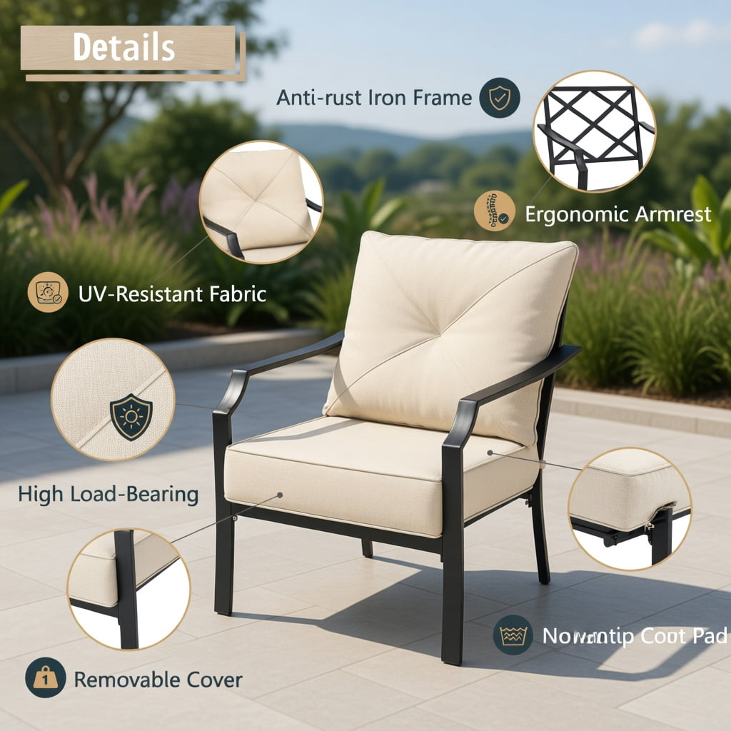 Hommoo 2-Piece Outdoor Dining Chairs Set with Padded Cushions, Black Steel Frame, Rust-Resistant Patio Chairs for Backyard, Garden & Balcony, Beige