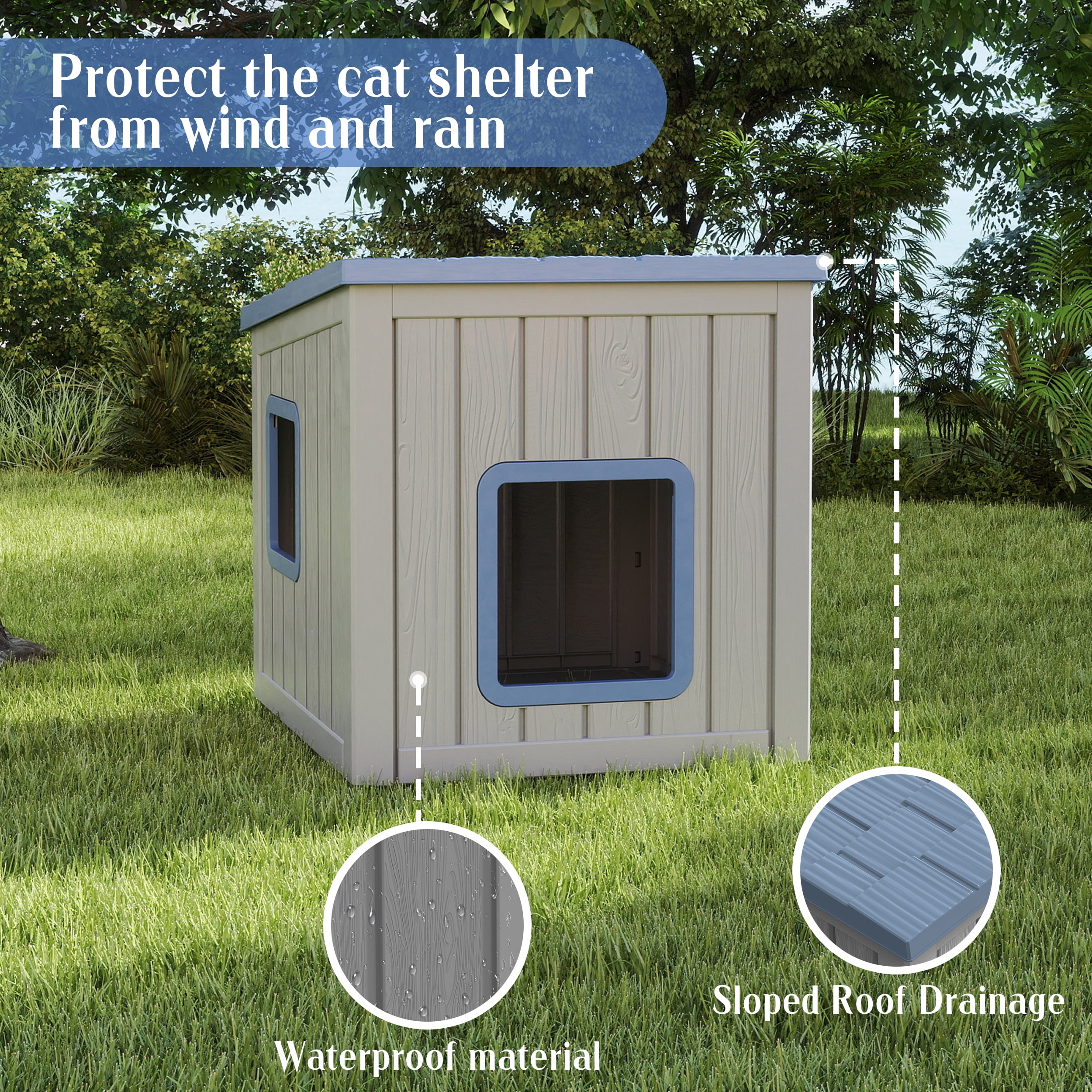 fazzn Outdoor Cat House,Waterproof Resin Cat Houses for Feral Cats,Robust and Easy to Assemble,Feral Cat Shelter for Winter,Suitable for Cats, Rabbits and Other Small Animals.Black/Blue,Father's Day