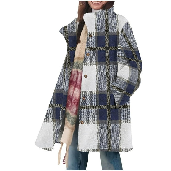 SELONE Women Winter Jackets Kneelength Plaid Fleece Coat Button Long Sleeve Collared Outerwear with Pockets Tops Blue S
