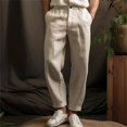 thumbnail image 3 of Men's Cotton Linen Elastic Waist Solid Color Casual Pants, Breathable Comfortable Trousers for Daily Relaxation and Wear,Khaki,S, 3 of 6