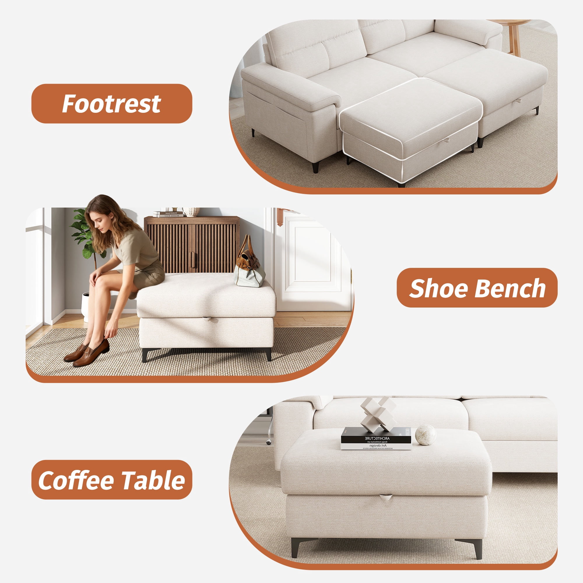 Modular Storage Ottoman for Sectional Sofa Chenille Upholstered Footrest Stool for Living Room Beige