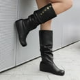thumbnail image 3 of Slouchy Boots for Women Hidden Wedge Low Heel Retro Leather Round Toe Adjustable Button Fold Over Mid Calf Booties, 3 of 7