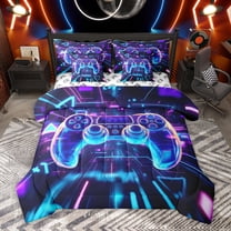Homewish 3D Gamepad Player Twin Bedding Sets 7-Piece for Boy, Futuristic Glitter Stripes Bedding Comforter Set, Video Game Lover Reversible Sheet Sets, Microfiber Bedroom Decor