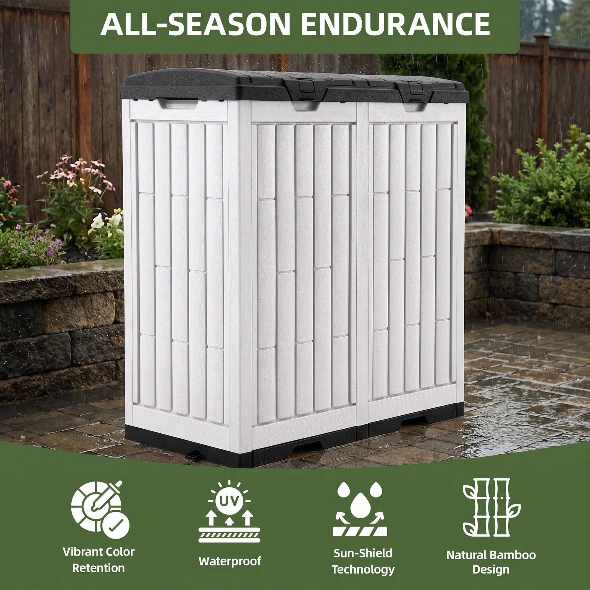 Uforic 76 Gallon Outdoor Trash Can, Resin Garbage Bin with Sorting Labels, Ash Holder, Lid, Stakes & Suction Cups for Patio Backyard Garden, White