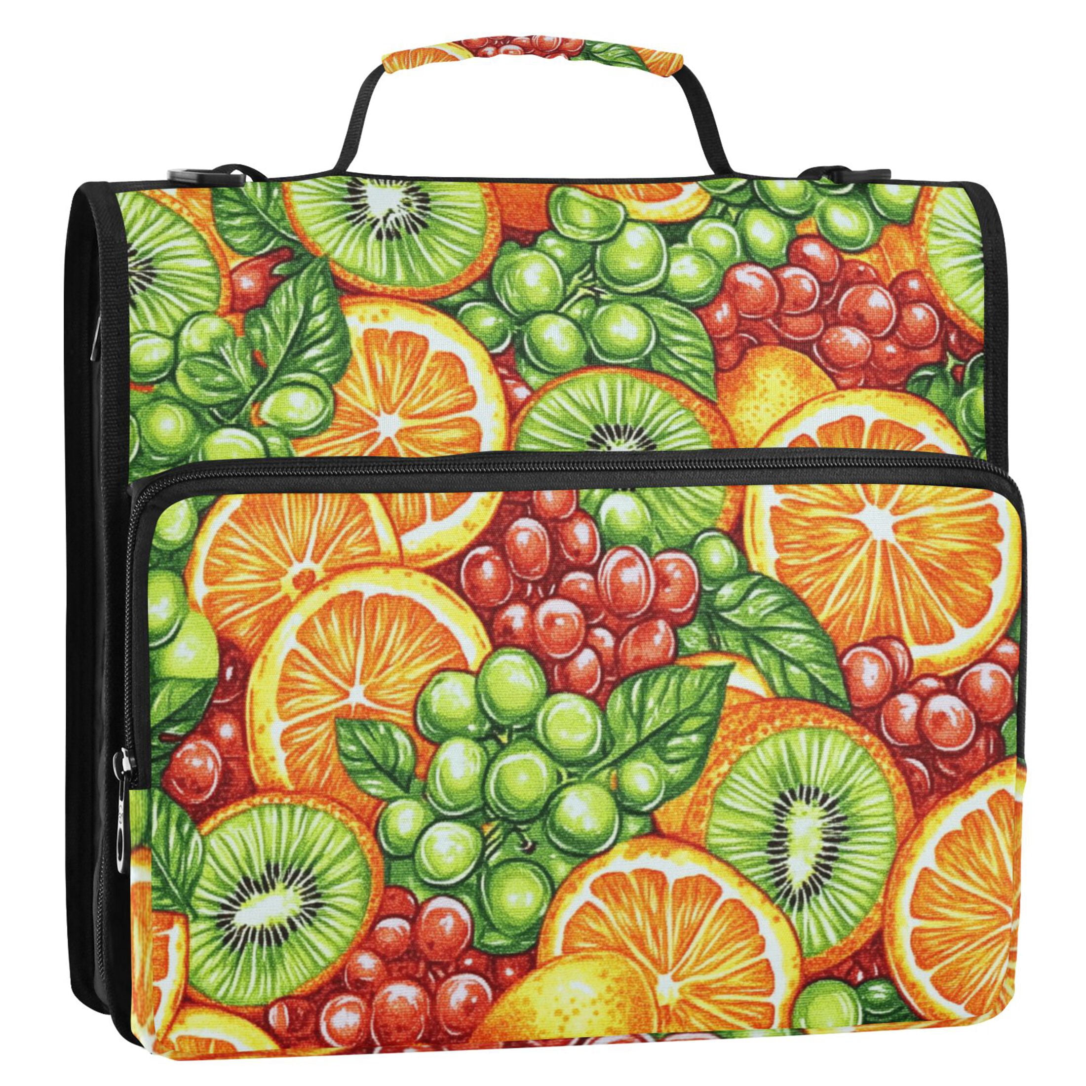 3 Ring Zipper Binder with Shoulder Strap Waterproof Trapper Keeper 2 Inch D-Ring 500 Sheets Capacity Oranges Kiwi Slices Grape