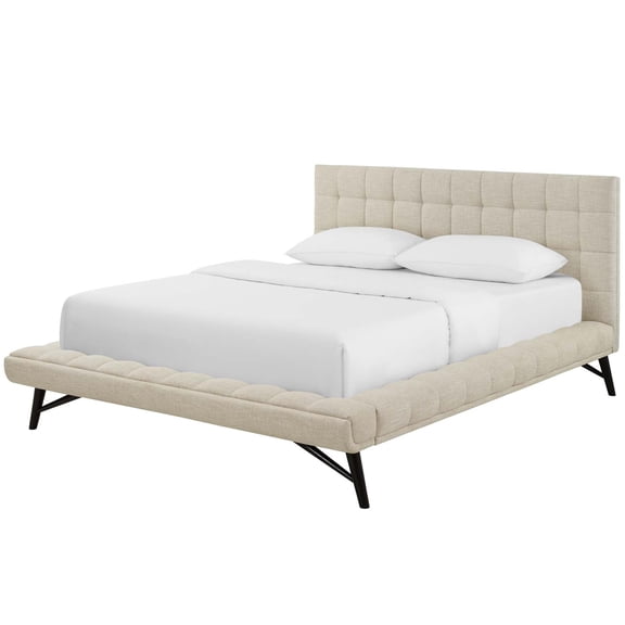 Contemporary Modern Urban Designer Bedroom Queen Size Platform Bed Frame, Fabric, Beige