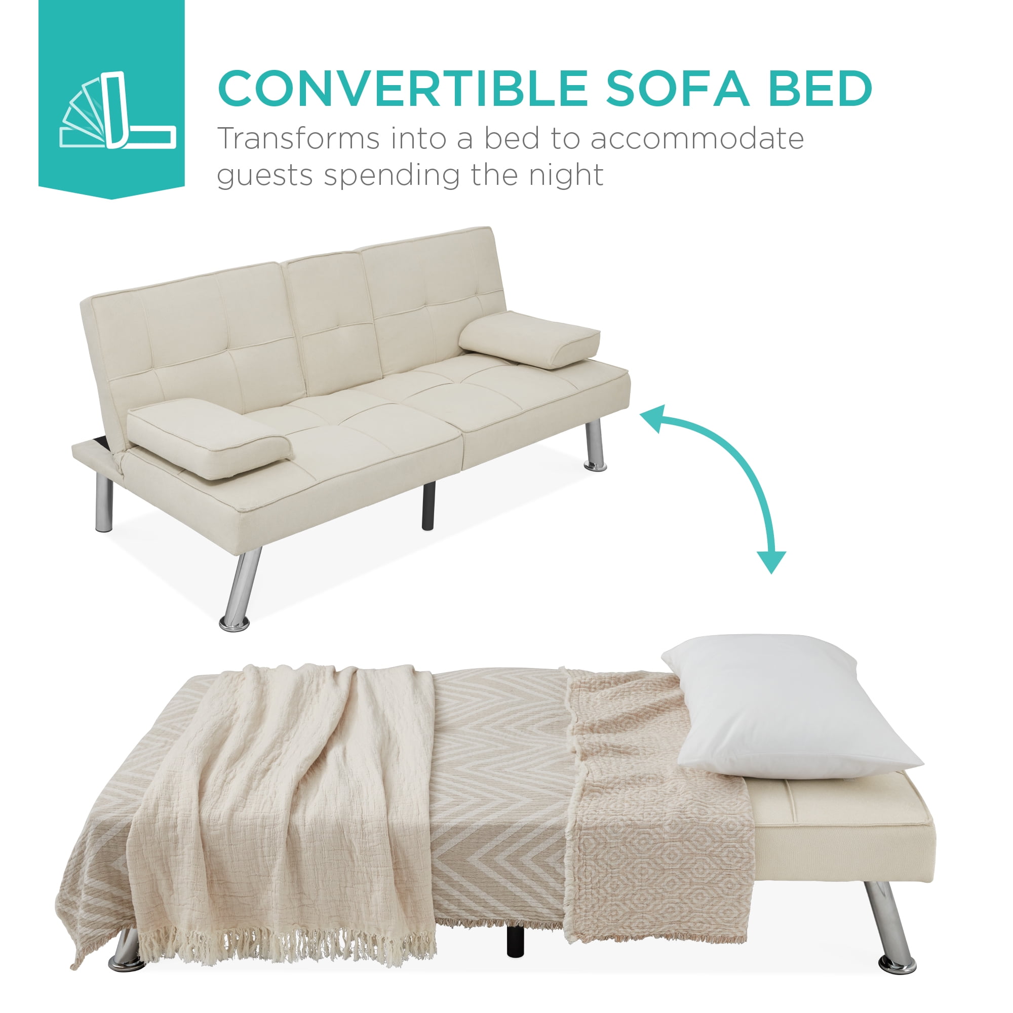 Best Choice Products Modern Linen Convertible Futon Sofa Bed w/ Removable Armrests, Metal Legs, Cupholders - Ivory