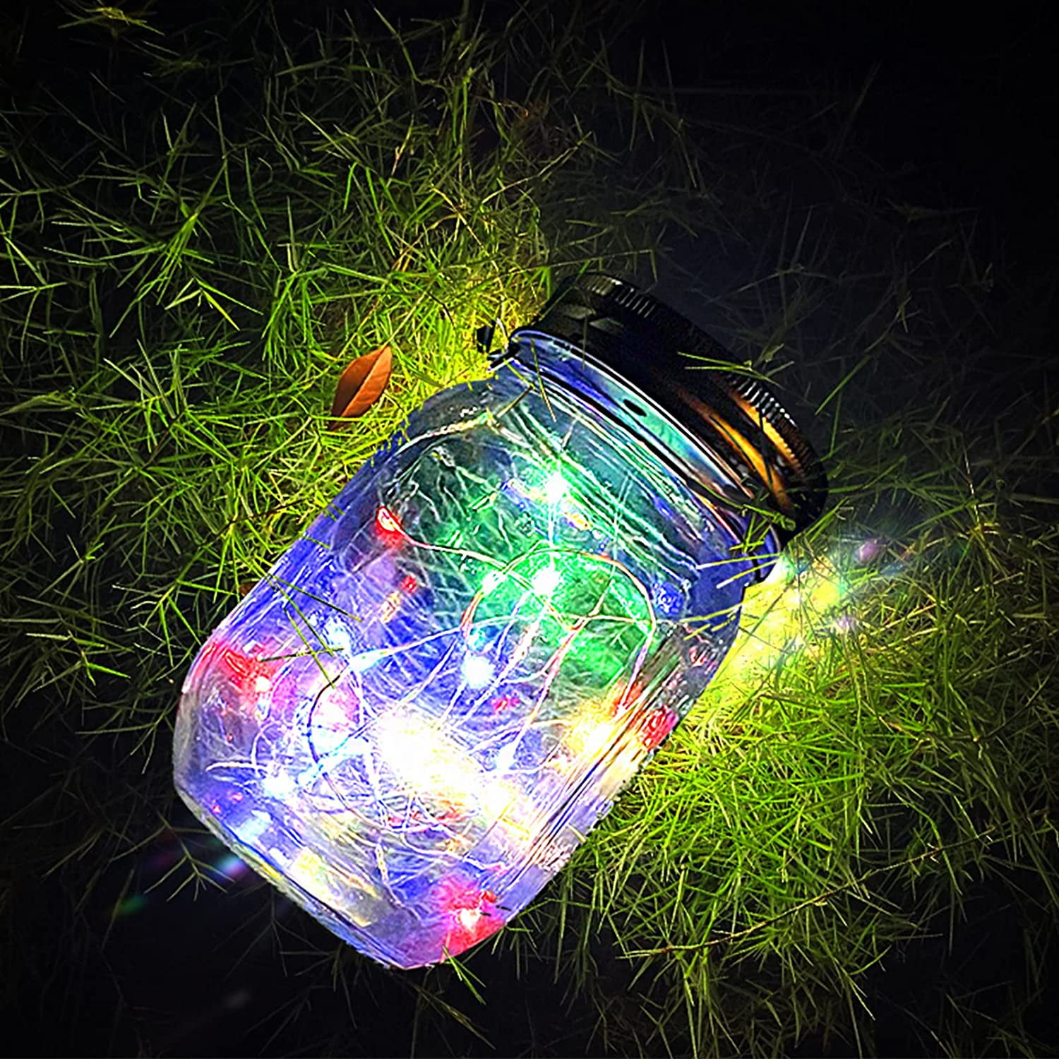 Hinzonek Hanging Solar Mason Jar Lights, 6 Pack 20 Led String Hanging Mason Jar Lanterns for Outdoor Decor Lamps for Outside Patio Garden Yard Fence Wedding Table, Multicolor (No Jars)