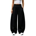 thumbnail image 2 of Wide Leg Sweatpants For Women Solid Tone Fold Over Waistband Pants Adjustable Drawstring Relaxed Fit Casual Sport Trousers, 2 of 6