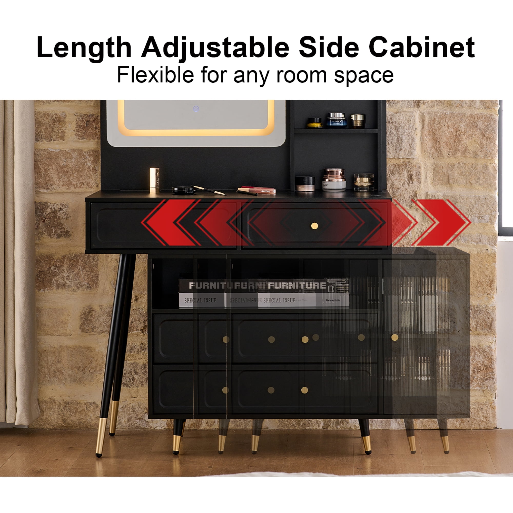 Jopath Makeup Vanity Desk with Mirror and Lights,Dressing Table with Drawers and Cabinet,Retractable Makeup Table Set for Bedroom,Black