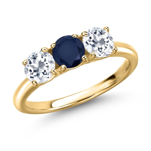 Gem Stone King 18K Yellow Gold Plated Silver Blue Sapphire and White Topaz Engagement Ring for Women | 1.80 Cttw | Round 5MM | Gemstone September Birthstone | Size 9