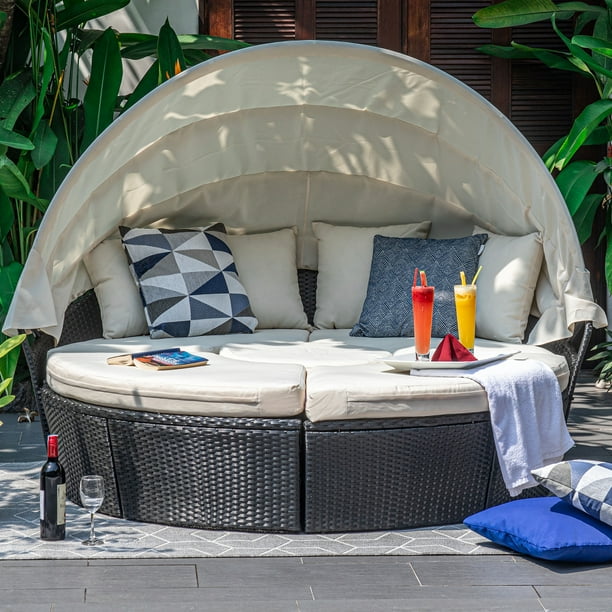 M&W Patio Furniture Outdoor Daybed with Retractable Canopy and Soft