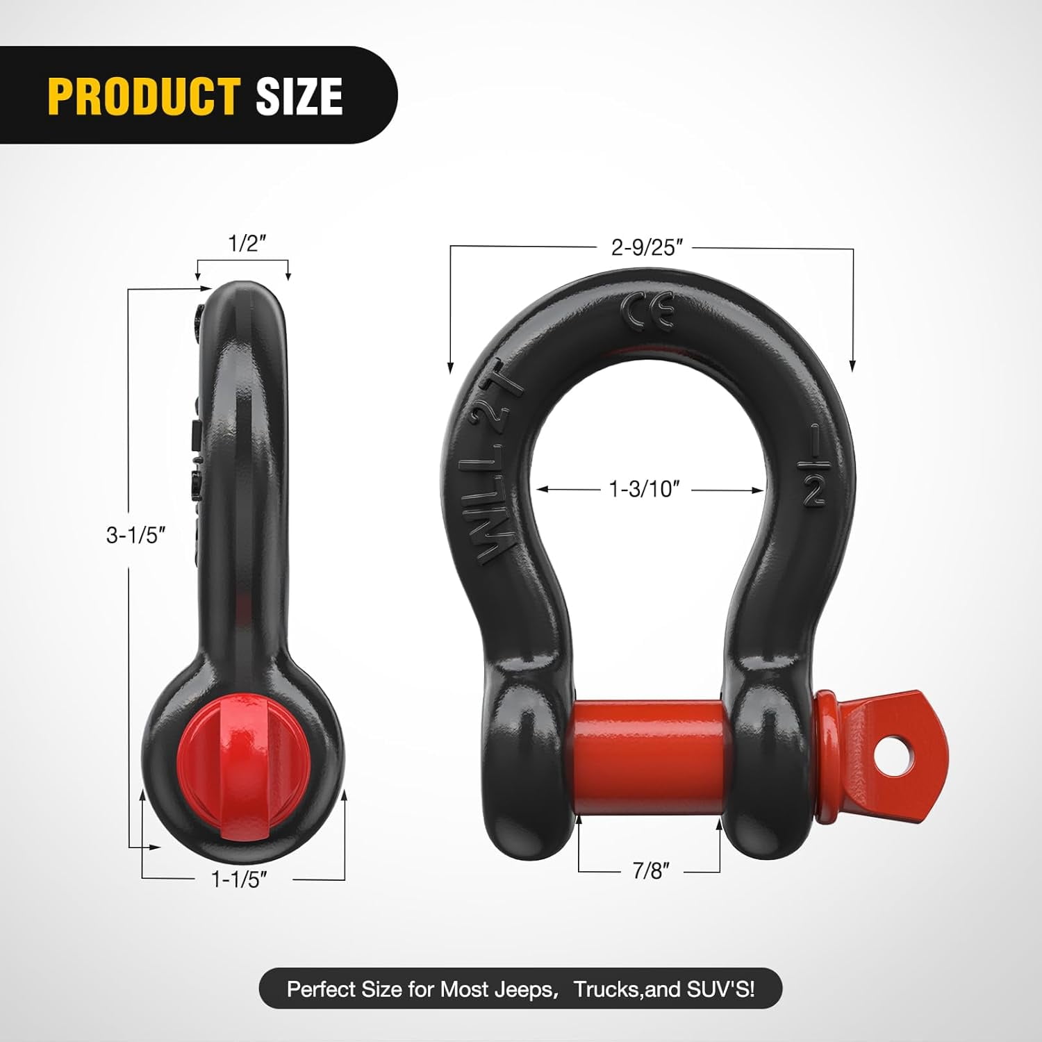 Nilight 4 Pack Small Shackles 1/2" D-Ring Shackle 2 Ton (4409 lbs) Capacity Heavy Duty off Road Recovery Shackle Kit for Cars and Other Applications for Tie Downs, Black Red
