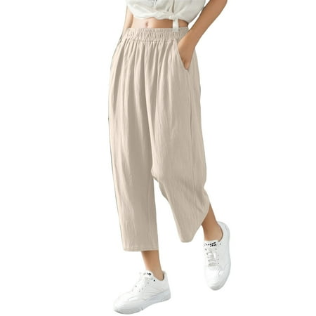 Prdecexlu Linen Cropped Pants for Women Wide Leg Baggy High Waist Loose Capris Casual Solid Color Beach Vacation Trousers with Pockets Beige M