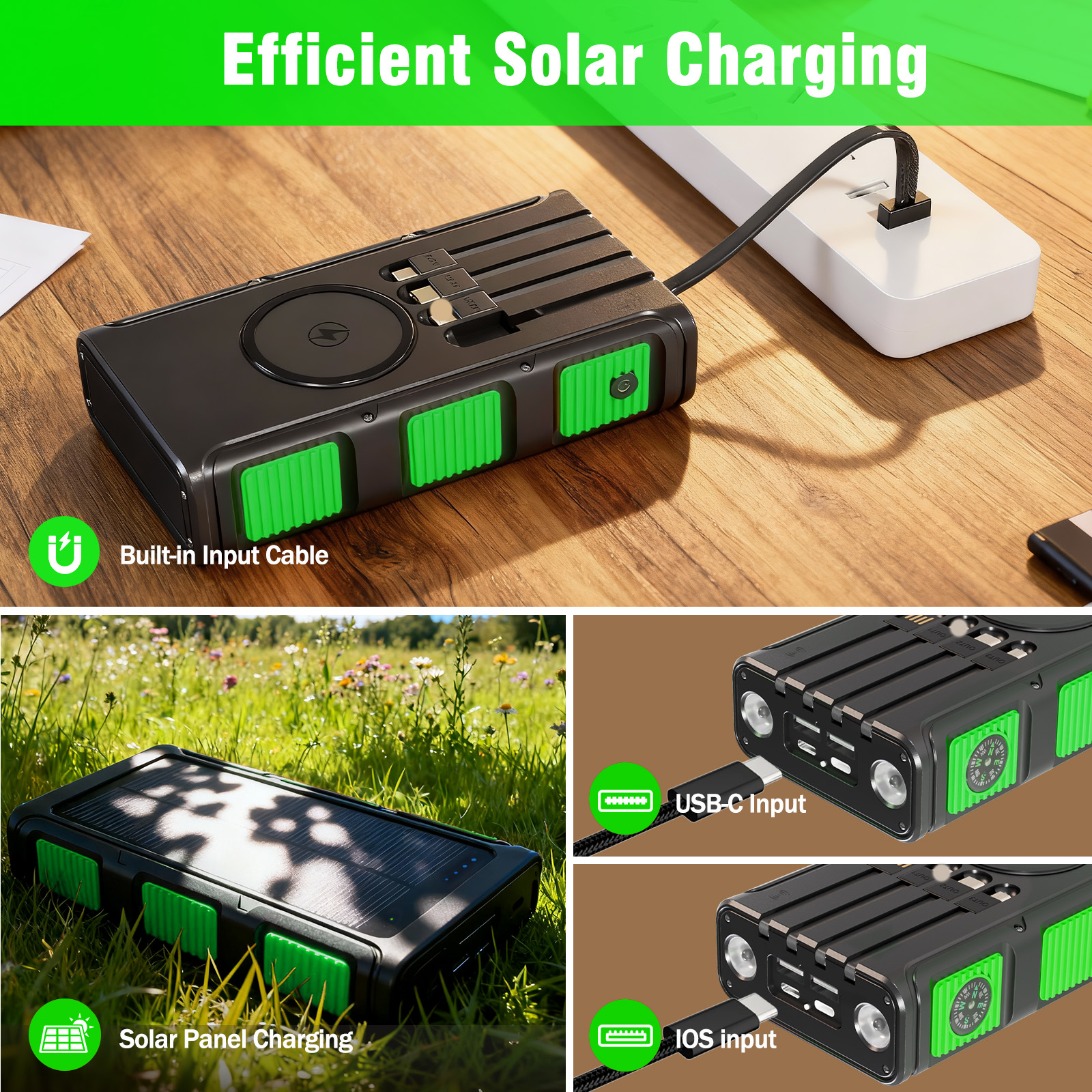 Power Bank Wireless Charger 68800mAh Built in Hand Crank and 4 Cables 15W Fast Charging Power Bank 7 Outputs & 4 Inputs Solar Portable Charger, SOS/Strobe/Strong Flashlights, Compass(Green)