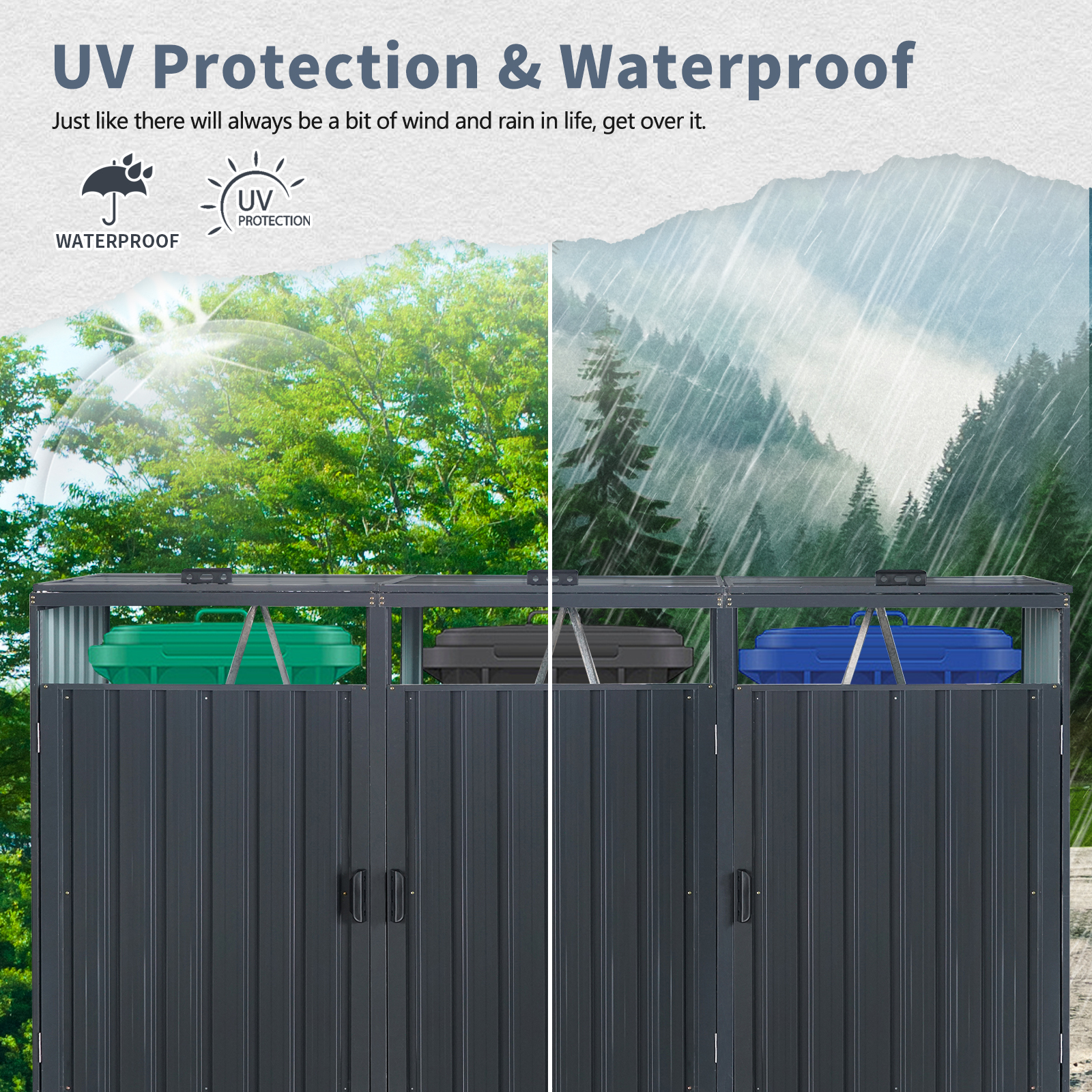 Outdoor Metal Garbage Bin Shed, Lockable Waterproof Storage Shed for 3 Trash Cans, Patio Waste Enclosure