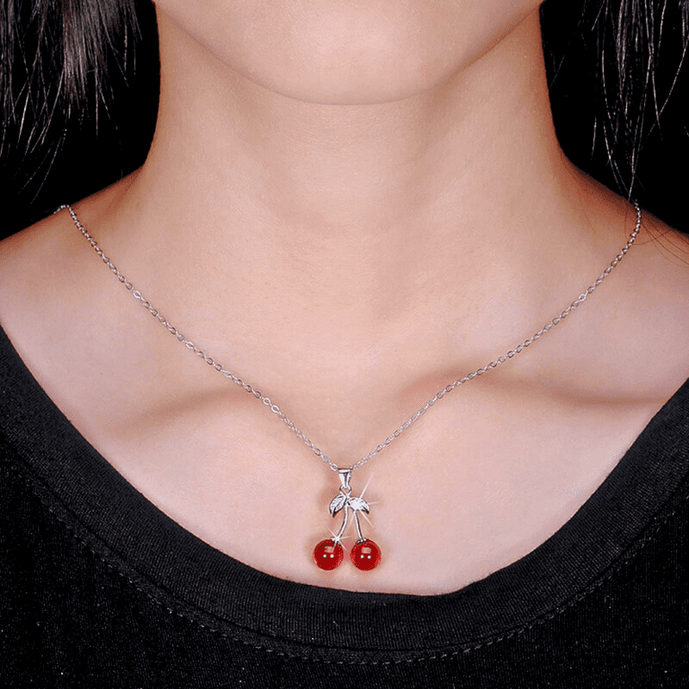 Cherry Necklace for Women Red Agate Sterling Silver Pendant