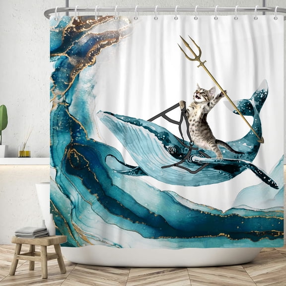 MIZHONA Funny Cat with Dolphin Shower Curtain Abstract Marble Ocean Wave Bath Curtain for Bathroom Decor 72"x72"