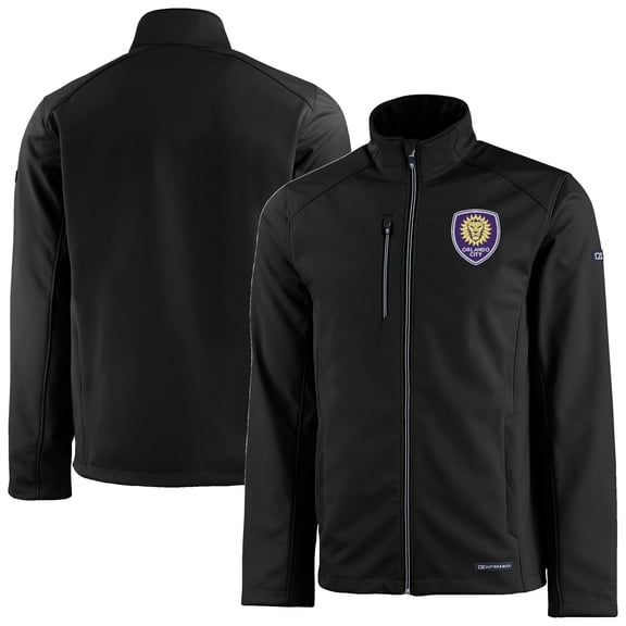 Men's-Cutter & Buck Black Orlando City SC Evoke Eco Softshell Recycled Full-Zip Jacket