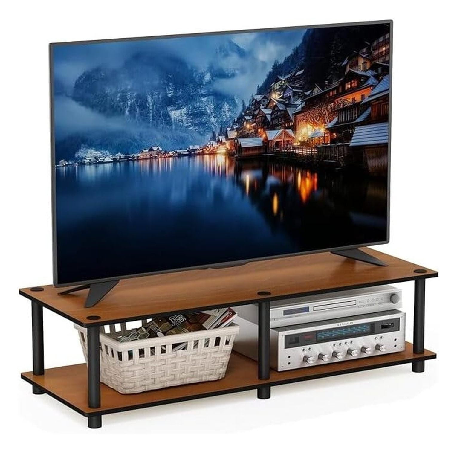 60 Inch TV Stand No Tools Assembly, Entertainment Console for 42" TVs - Black & Light Wood