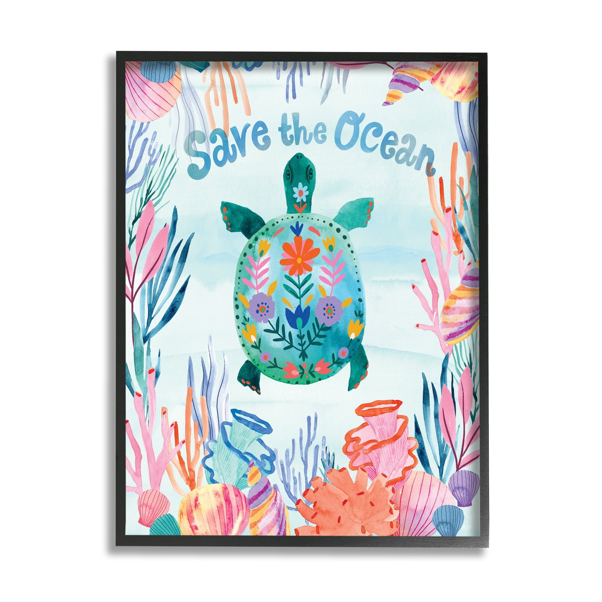 Stupell Industries Save The Ocean Sentiments Floral Pattern Tortoise,16 x 20,Designed by Corinne Lent