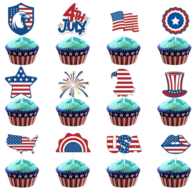 12 Adornos para Tartas Del Día de La Independencia, Palitos de Papel Desechables, Decoraciones Patrióticas para Cupcakes, Suministros para Fiestas de Ee. Uu. | Palitos Ecológicos para Fiestas, Barbac