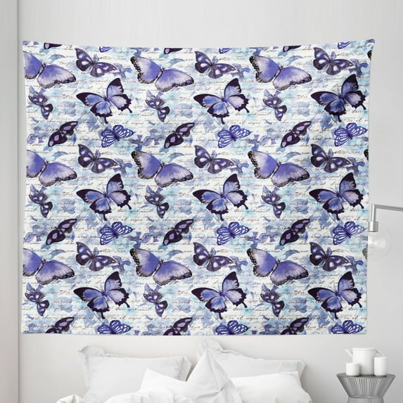 Romance Tapestry, Old Fashioned Butterfly Moth Forms Romance Flowers Essence Beauty Picture, Fabric Wall Hanging Decor for Bedroom Living Room Dorm, 5 Sizes, Pale Blue Violet Black, by Ambesonne