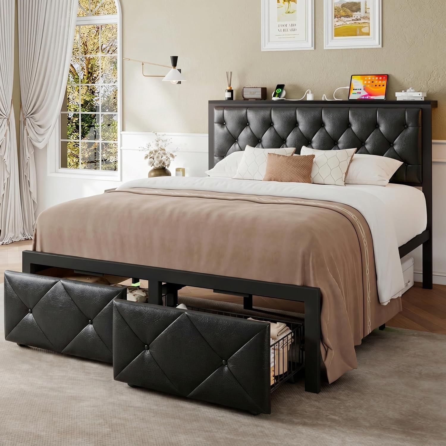 iPormis Full Bed Frame with Storage Drawer, Metal Platform Bed with Charging Station, Upholstered Faux Leather Button Tufted Storage Headboard, No Box Spring Needed, Noise-Free, Easy Assembly, Black