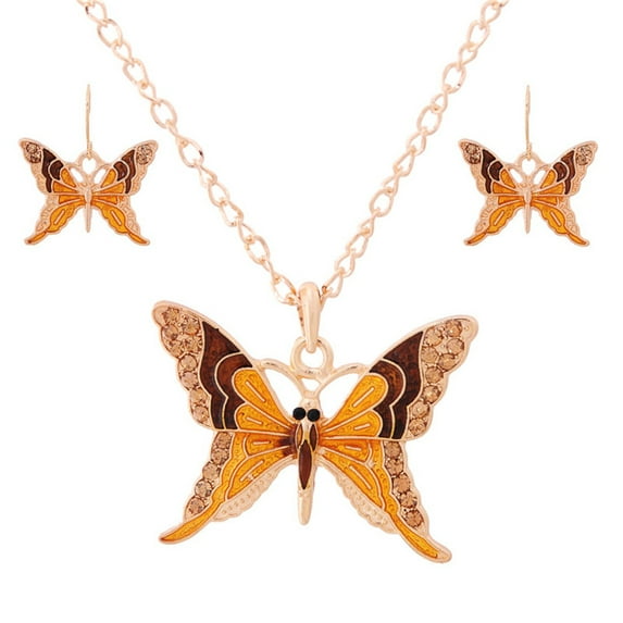 Butterfly Necklace Pendant Crystal Stone Earrings Brown Orange Anti-Tarnish, Jewelry-BO247