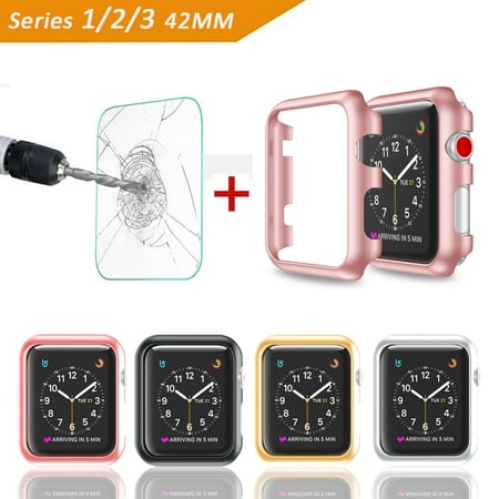 Apple Watch [42mm] PC Plated Protective Shell Bumper Case Cover+Anti-Scratch Screen Protector Tempered Glass for Apple iWatch Series 3/