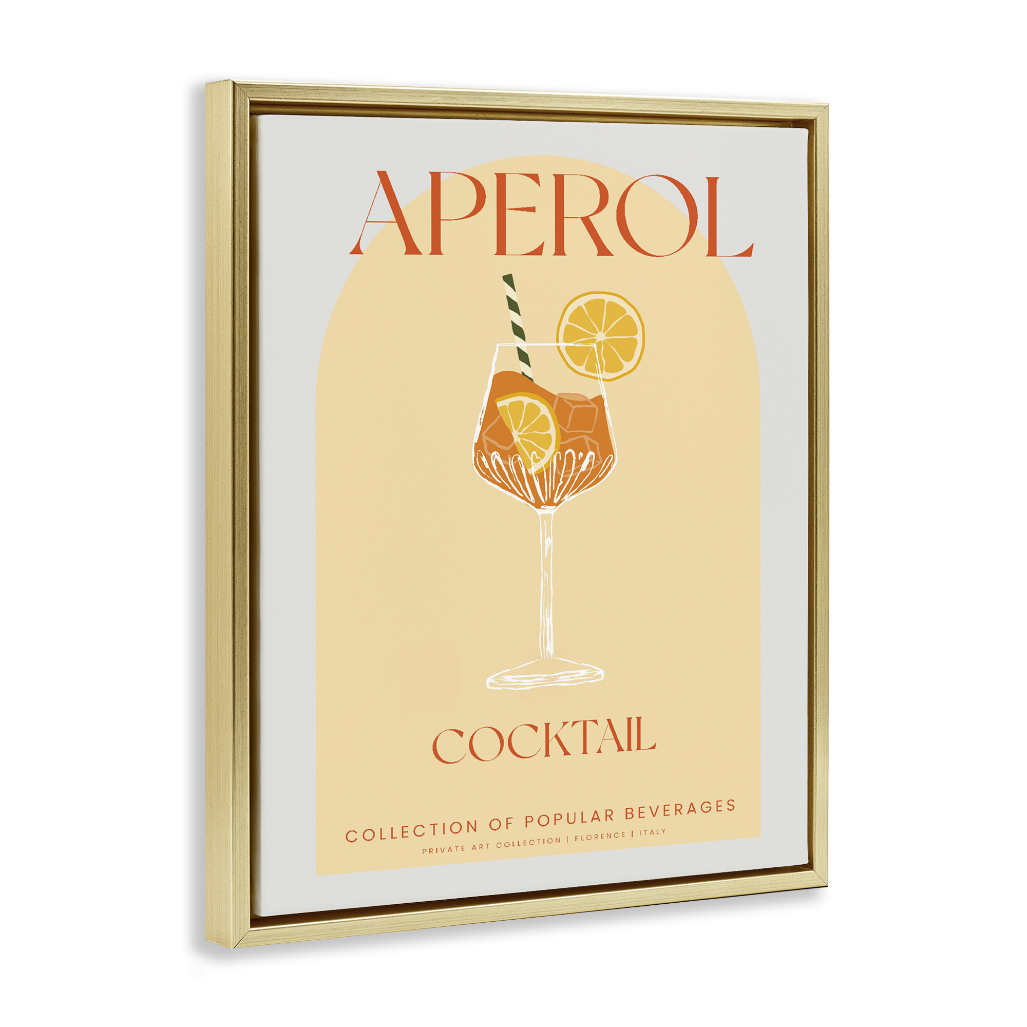 Stylish Retro Aperol Cocktail Gold Framed Floater Canvas Wall Art, design by Lil' Rue