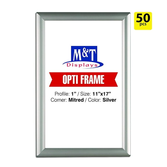 M&T Displays 11x17 Snap Frames, 1" Profile, Opti Frame, Safe Corners, Wall Mounted Frames - Silver / 50pcs / $9.45 Each