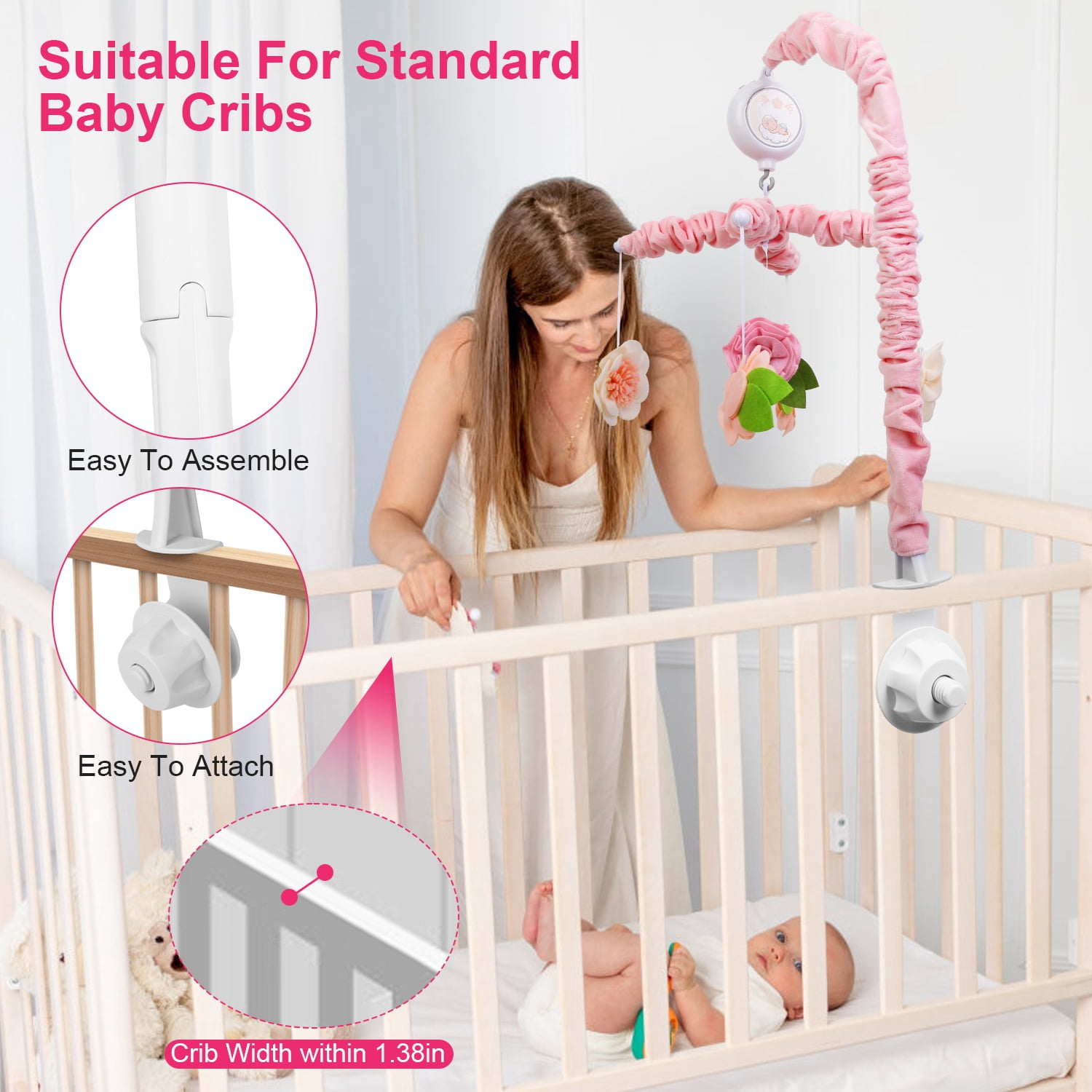 Baby Mobile for Crib TeqHome Pink Floral Musical Crib Mobile for Baby Girls Digital Music Box with 12 Melodies 3 Modes