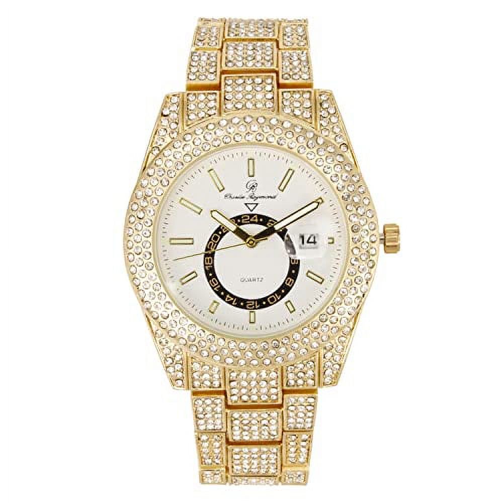 Charles Raymond Minimalist Designer Iced Out Watch with Date Window on dial A Hip Hop Clone Conspiracy Timepiece to Become a King of Bling - ST10328A (ST10328A Gold- White)