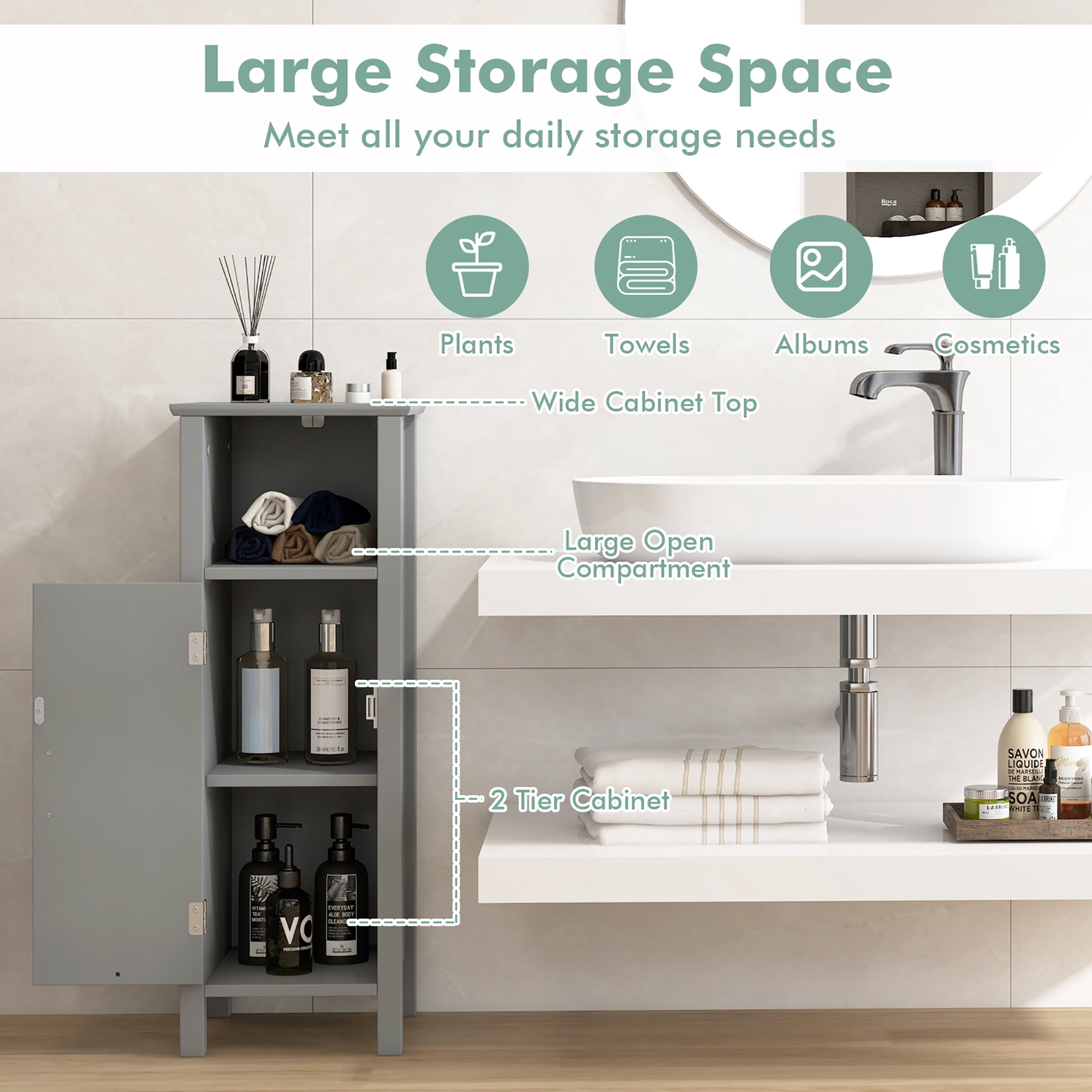Gymax Bathroom Storage Organizer Narrow Floor Cabinet w/ 2-Tier Cabinet Open Compartment Gray