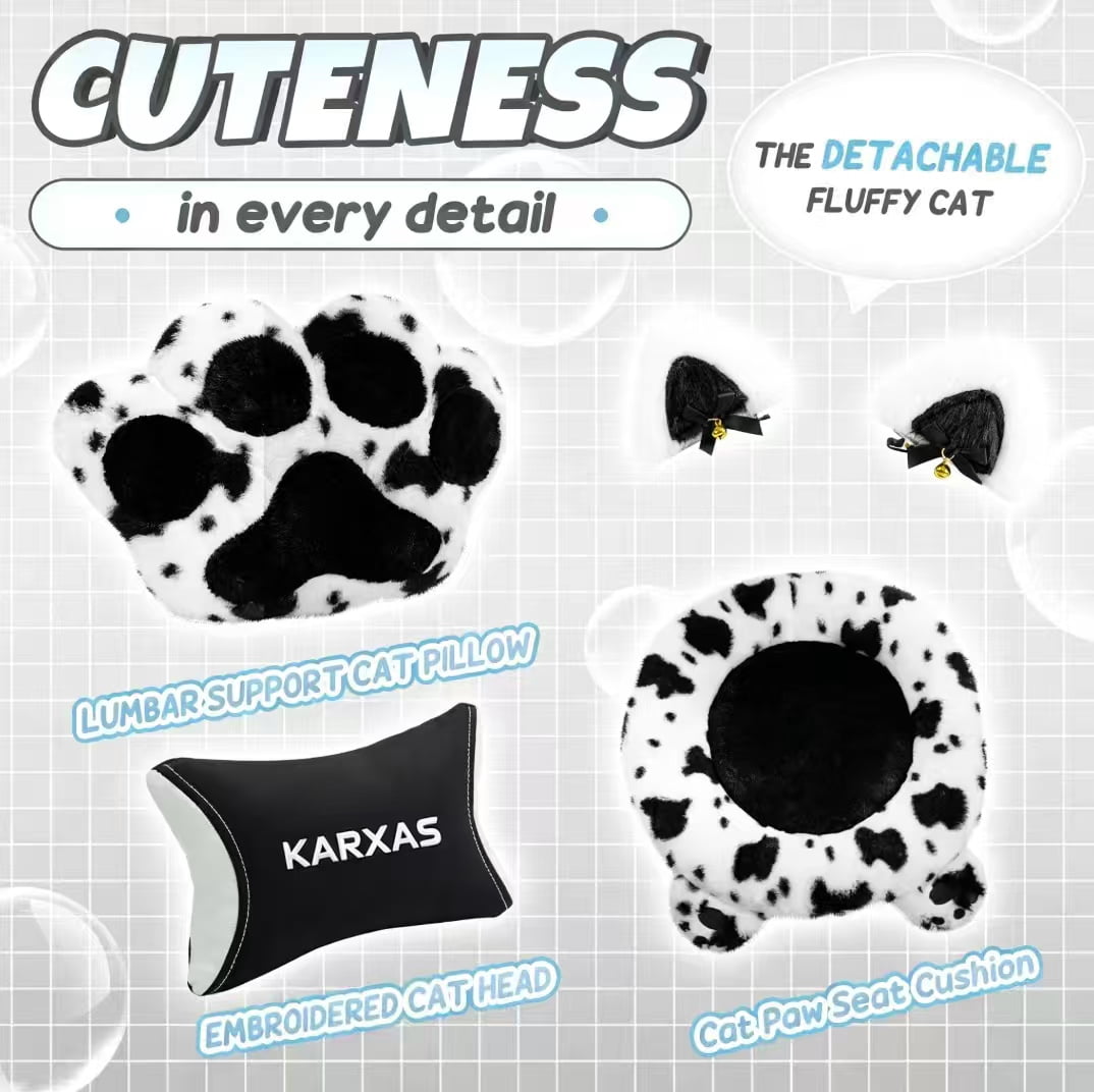 KARXAS Cute Cat Ear Gaming Chair with Paw Print Lumbar Support and Cushion, Ergonomic Computer Desk Chair with Footrest, Reclining PC Game Chair for Girls and Women, 300lbs, Black and White