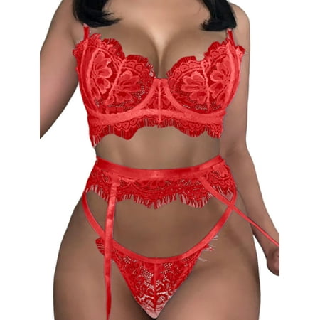 Julycc 3pcs Set Women Underwear Lace Lingerie Bra G-string Panties Garter Belt Babydoll Nightwear