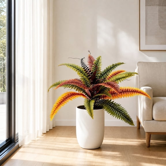 Artificial Boston Ferns, Fake Faux Fern Plants, Rust Autumn Color with Bendable Stems for Floor Display, Indoor Outdoor Home Decor, UV Resiatant