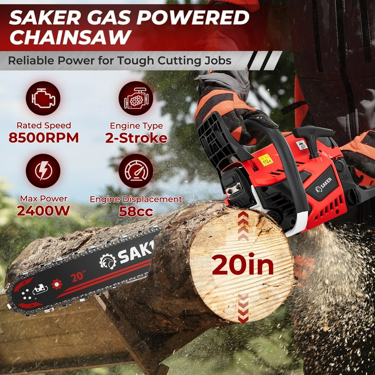 Saker 58cc Gas Chainsaw with 20-Inch Bar, 3.2HP, 2-Cycle Handheld