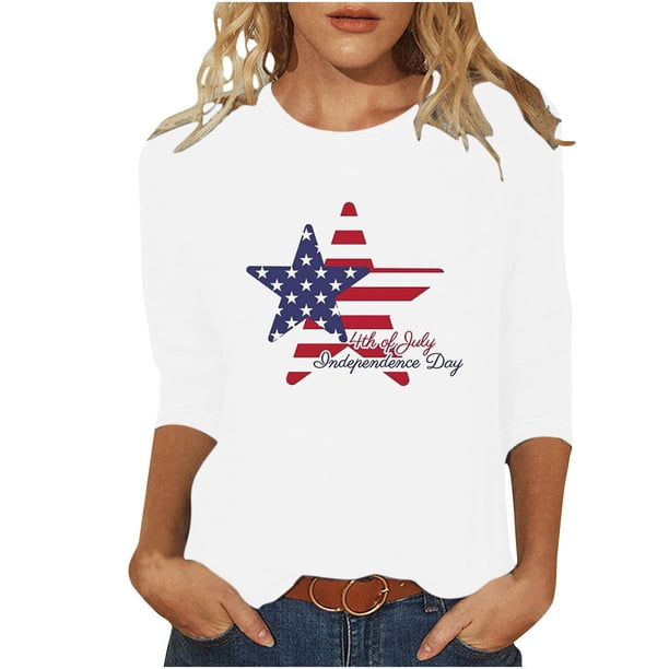 Camisetas de Manga Corta para las Mujeres Día de la Independencia Impreso Suelto Cuello Redondo Tee, Casual Y Blusas Festivas para las Mujeres Casual