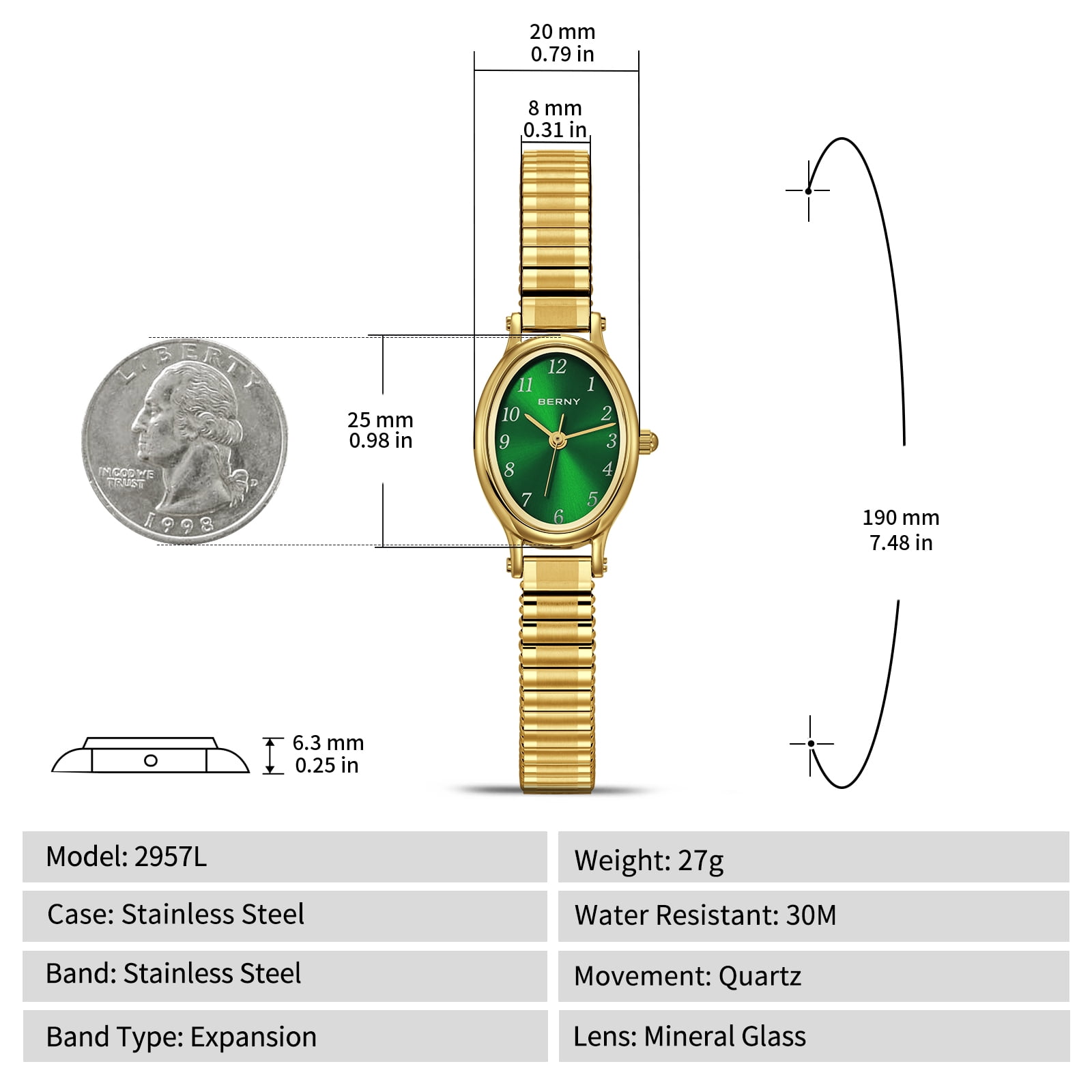 BERNY Small Gold Watches for Women, Dainty Luxury Oval Dial, Expansion Band Watch, Fashion Ladies Analog Quartz Watch, Waterproof Women Wristwatch Gifts, Green