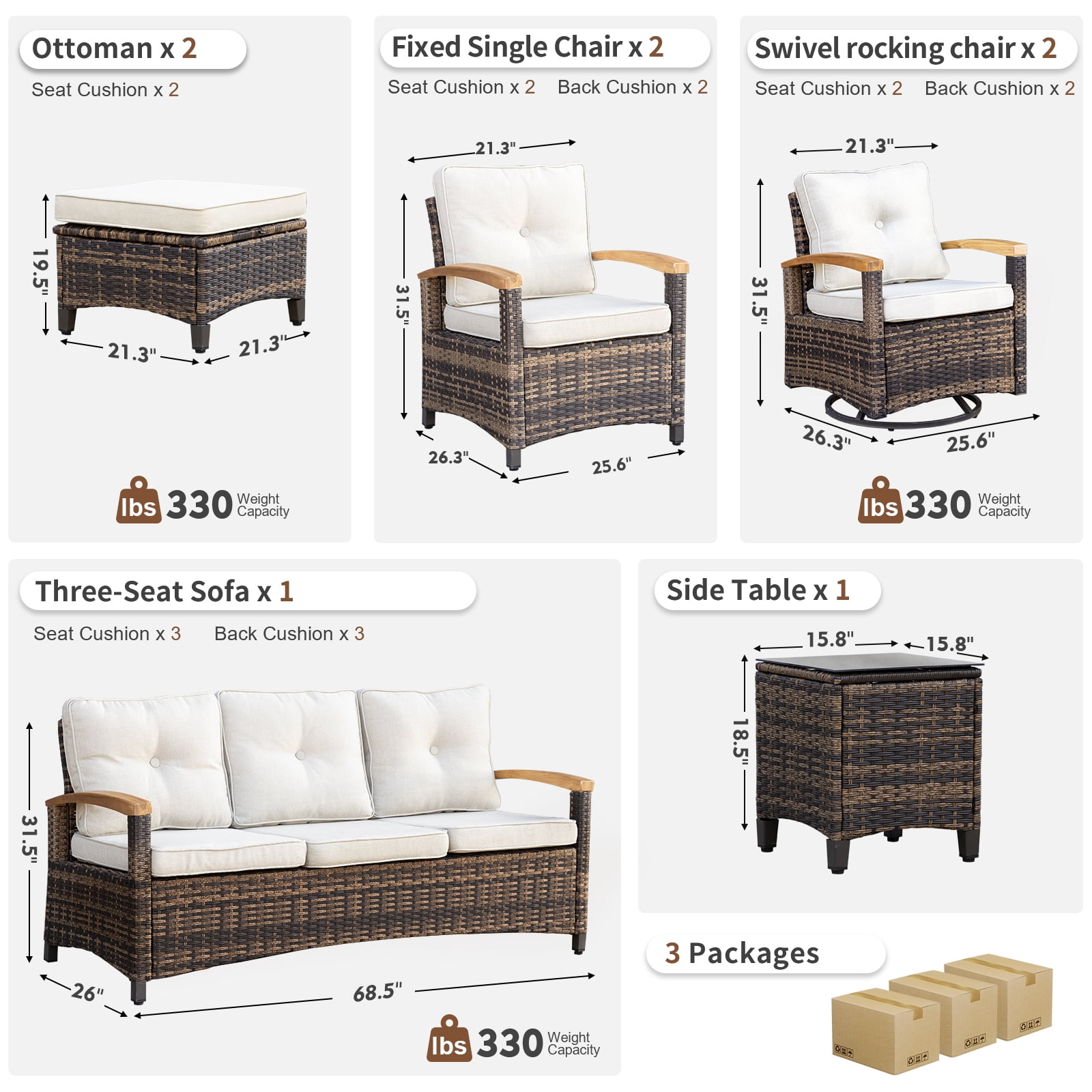 MEISSALIVVE 8 Pieces Outdoor Patio Furniture Sets, Wicker Patio Conversation Sets with 2 Wood Armrests Swivel Glide Chairs,2 Single Chairs, 3-seat Sofa and Coffee Table(Beige)