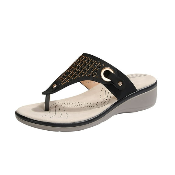 Xfvqtps Wedge Sandals for Women Slide Flip Flops Rhinestone Soft Sole Non Slip Breathable Summer Sandals Black