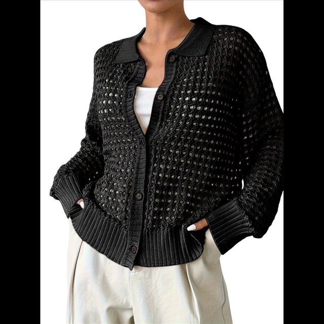 Cárdigan de Crochet para Mujer, Suéter Ahuecado, Suéter de Larga con Botones, Top de Punto Negro XL