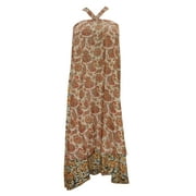 Mogul Women Magic Wrap Skirt Beige Ethnic Print Silk Sari Two Layer Reversible Beach Dress